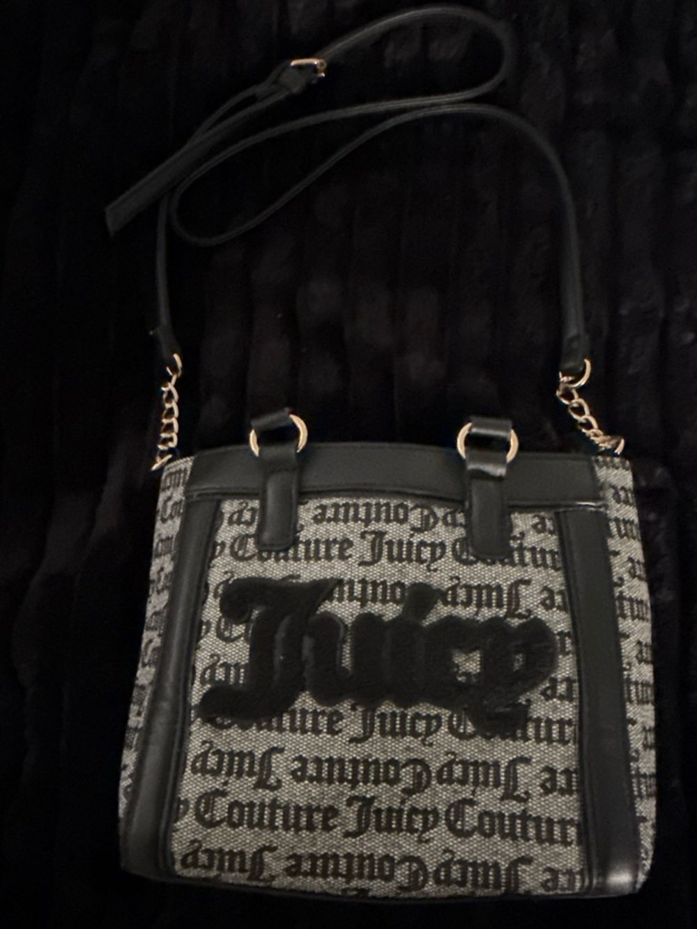 Juicy Couture Black Logo Jacquard Crossbody Bag with Gold Accents